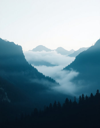 Mountains in the fog. Beautiful mountain landscape with fog in the mountains.の写真素材