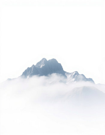 Mountain peak in fog isolated on a white background. Landscape.