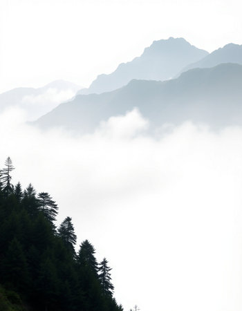 Fog in the mountains with coniferous trees in fog.