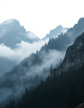 Mountain landscape with fog in the italian dolomites