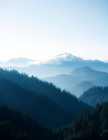 Foggy mountain landscape with coniferous forest in the foregroundの写真素材