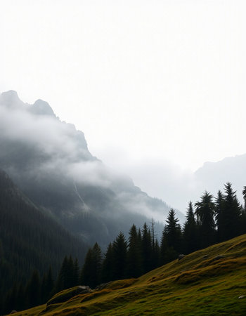 Mountain landscape with fog and coniferous forest on the slopesの写真素材