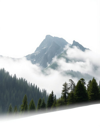 Mountain landscape with fog and coniferous trees in the foreground