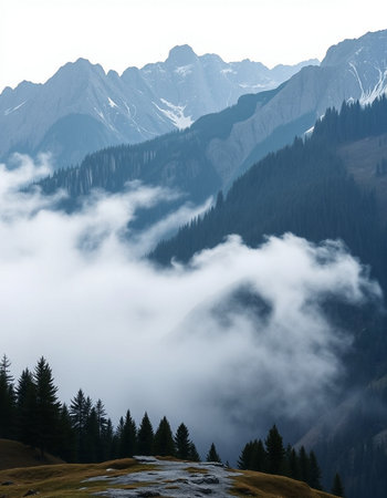 Foggy mountain landscape with snow-capped peaks in the background
