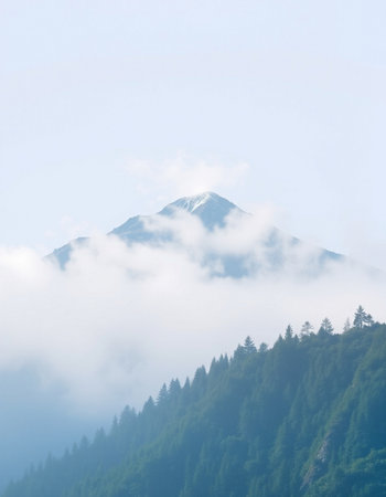 A mountain peak in the morning fog.の写真素材