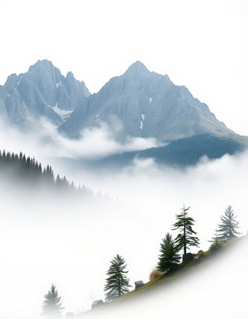 Foggy mountain landscape with fir trees and mountains in the background
