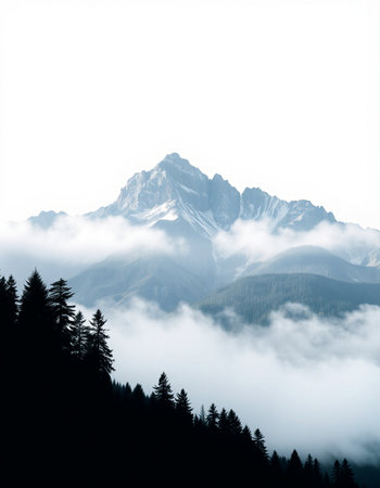 Mountain landscape with fog and clouds.