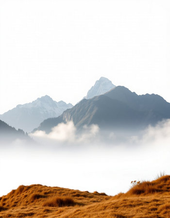 mountains in the fog in autumn, note shallow depth of fieldの写真素材