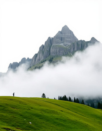 Foggy summer landscape in the Dolomites, Italy.の写真素材