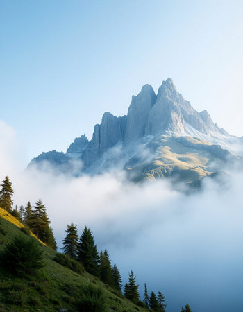 Mountain landscape with clouds and fog. Dolomites, Italy