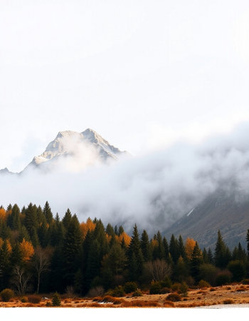 Mountain landscape in autumn. Snow covered mountain peaks in the clouds.の写真素材