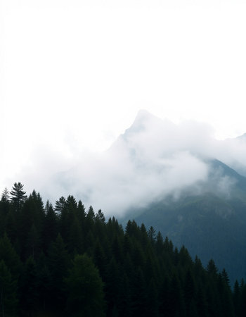 Foggy mountain landscape with coniferous forest and clouds.