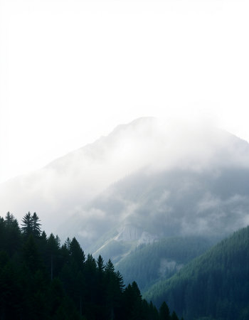Mountain landscape with coniferous forest on a foggy dayの写真素材