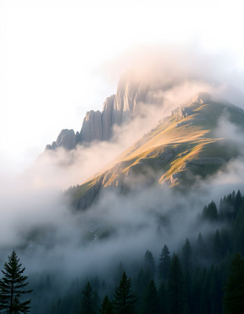 Foggy morning in Dolomites mountains, Italy, Europeの写真素材