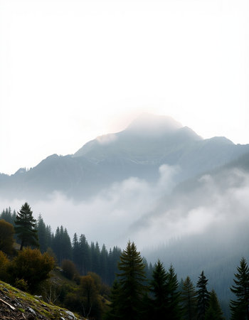 Foggy morning in the mountains. Carpathians, Ukraine