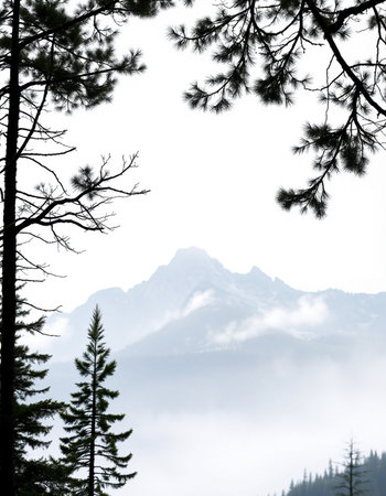 Mountains in the mist with pine trees and fog in the foreground