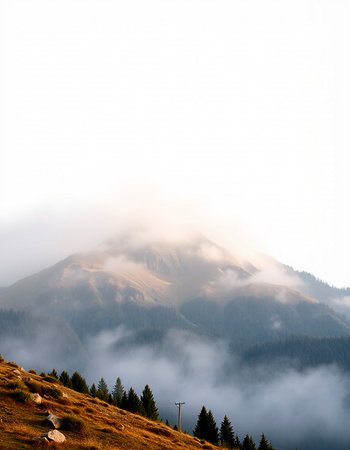 Mountain landscape with fog in the morning. Ukraine, Carpathiansの写真素材