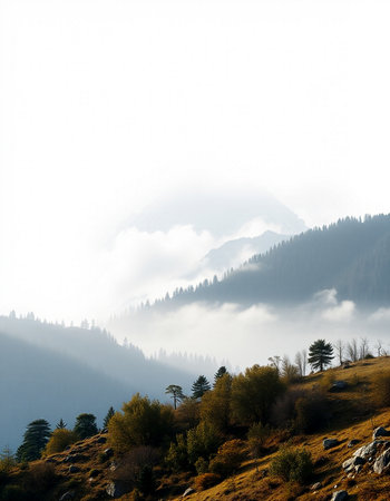 Autumn mountain landscape with foggy forest. Caucasus, Russia.の写真素材