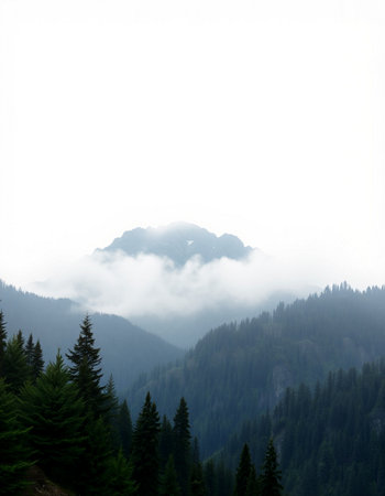 Mountain landscape with fog and coniferous forest on the slopeの写真素材