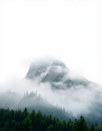 Mountains and forest in the fog. Foggy morning in the mountains.