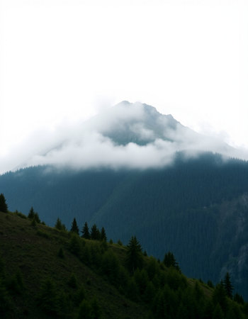 Mountains and coniferous forest on a foggy day.