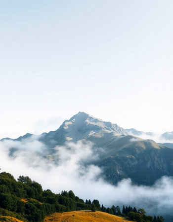 Mountain landscape with fog in the morning. Caucasus Mountains, Georgia.の写真素材
