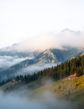 Foggy morning in the mountains, Carpathians, Ukraine
