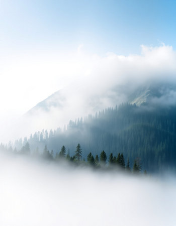 Foggy mountains landscape with coniferous forest and blue sky