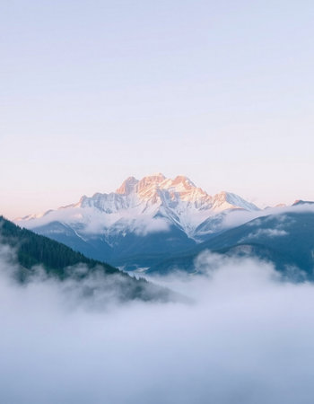 Mountain peak in the clouds at sunrise.の写真素材