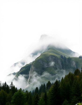 Mountain landscape with fog and clouds in the Alps, Switzerland.