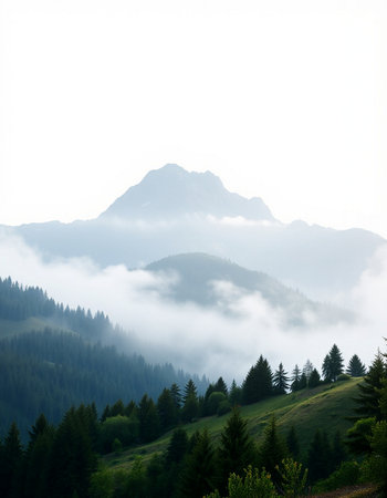 Mountain landscape with fog and coniferous forest in the foregroundの写真素材