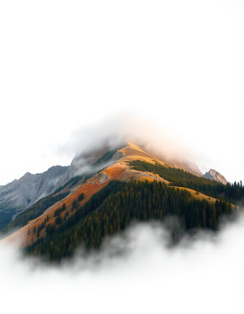 Beautiful autumn mountain landscape with colorful forest and high peaks in clouds