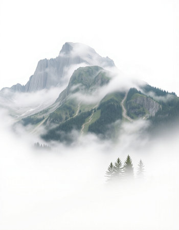 Mountain landscape with fog and pine trees in the foreground, Switzerland