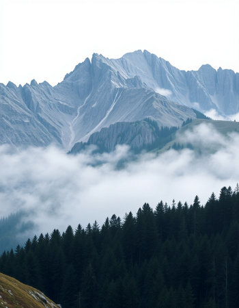 Mountain landscape with coniferous forest and cloudy sky.の写真素材
