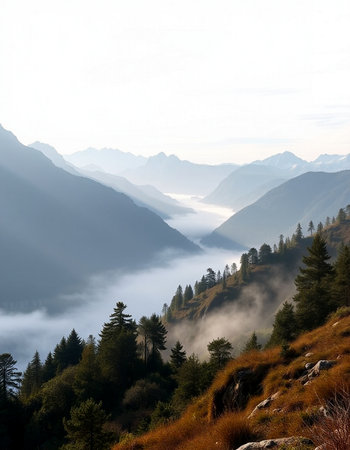 Mountain landscape with fog in Caucasus mountains, Georgia, region Gudauri.の写真素材