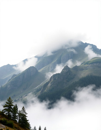 Mountain landscape in the clouds. Caucasus, Dombay.