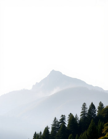Mountains and coniferous forest on a foggy day.の写真素材