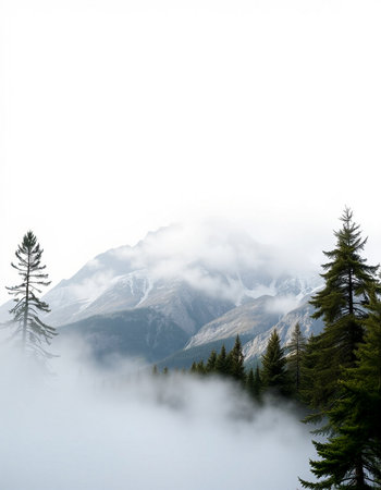 Foggy mountain landscape with coniferous forest in the foregroundの写真素材