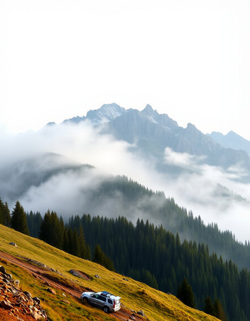 Car on the top of the mountain in the clouds. Caucasus Mountains