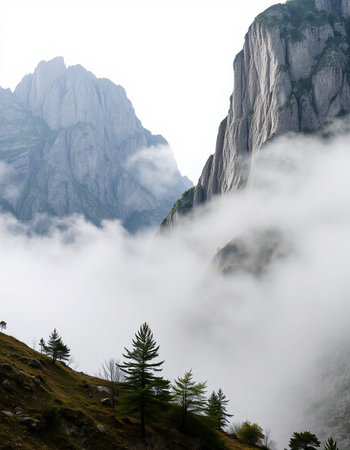 Mountains in clouds, Dolomites, South Tyrol, Italyの写真素材