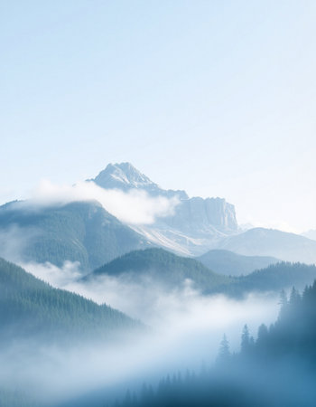 Mountain landscape with foggy forest and high peaks in the backgroundの写真素材