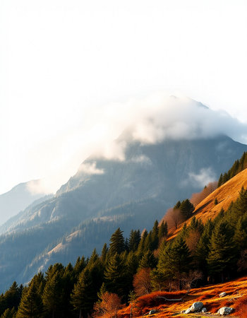 Mountain landscape with coniferous forest at sunset. Caucasus Mountains, Georgia.の写真素材