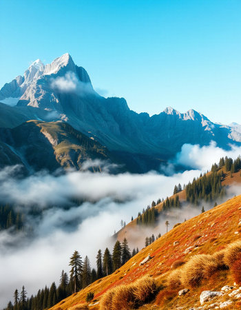 Foggy morning in the Alps. Switzerland, Europeの写真素材