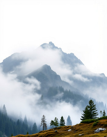 Foggy mountain landscape with coniferous trees in the foreground.
