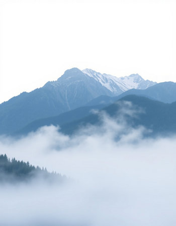 Mountains covered with a thick layer of fog in the morning.の写真素材