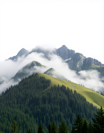 Mountain landscape with fog and clouds in summer.