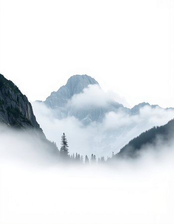 Mountain landscape with fog and coniferous forest in the foreground