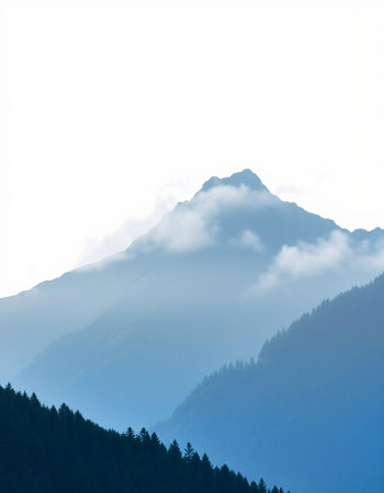 Mountain landscape with fog and clouds. Caucasus Mountains, Georgia.