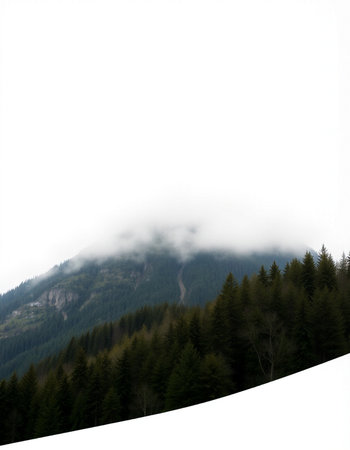 Mountain landscape with conifer forest on a foggy day.の写真素材