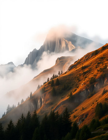 Mountain landscape with fog in the morning. Dolomites, Italyの写真素材